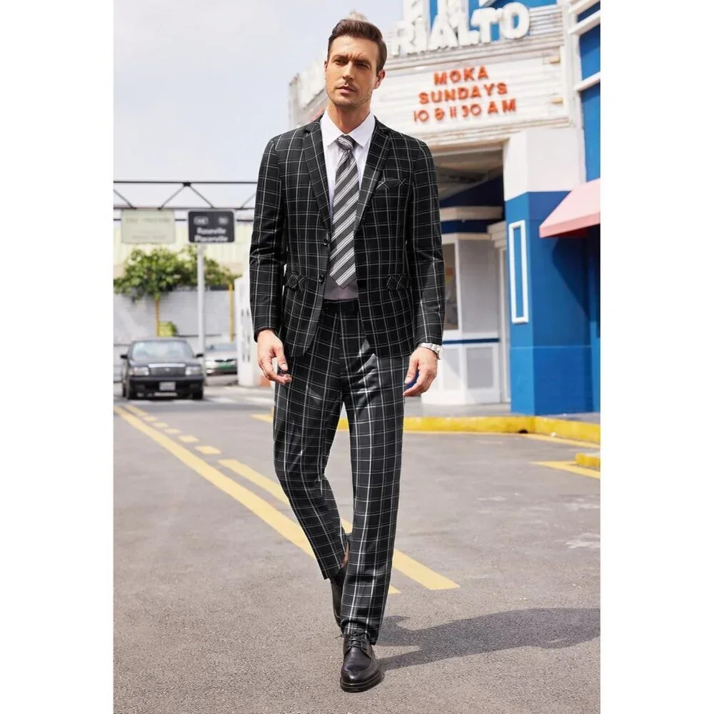 Men's Black ( Plaid ) 2 Piece Suits Slim Fit 2 Button Business Wedding Party - Picture 3 of 5